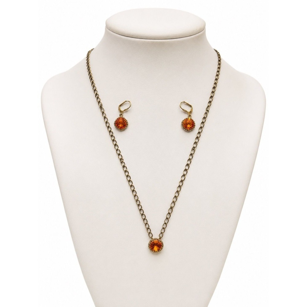 Swarovski Crystal Necklace Earrings Set Golden Amber Antique Brass Tone Jewelry